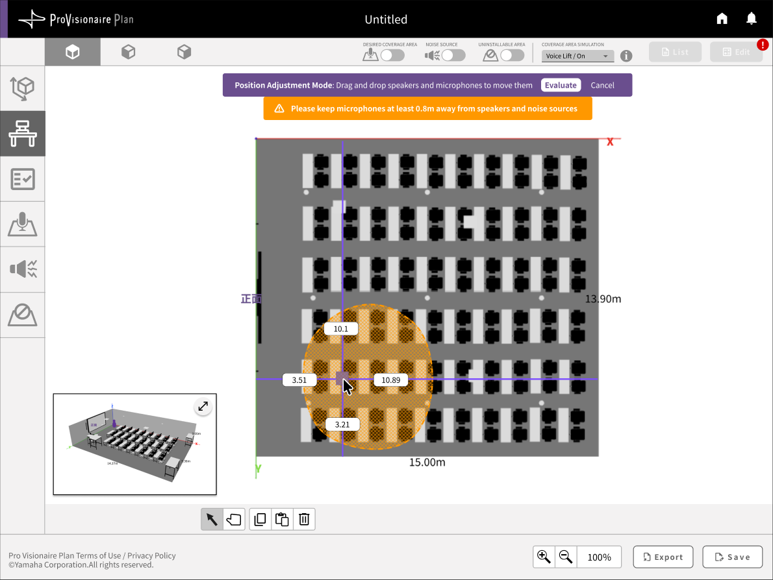 Tela de projeto do ProVisionaire Plan (ou Room Planner). A visualização do layout da sala mostra microfones e caixas acústicas sendo reposicionados via arrastar e soltar. Os usuários podem avaliar e otimizar o posicionamento do dispositivo de acordo com o ambiente de instalação real.
