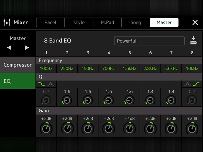 Tela de EQ Master do Yamaha Arranjador Workstation PSR-SX920/720+