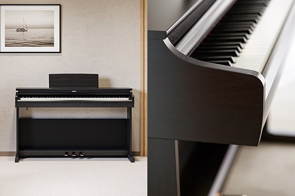 Um piano ARIUS que se integra perfeitamente a salas de estar, com destaque para as curvas nos detalhes do design