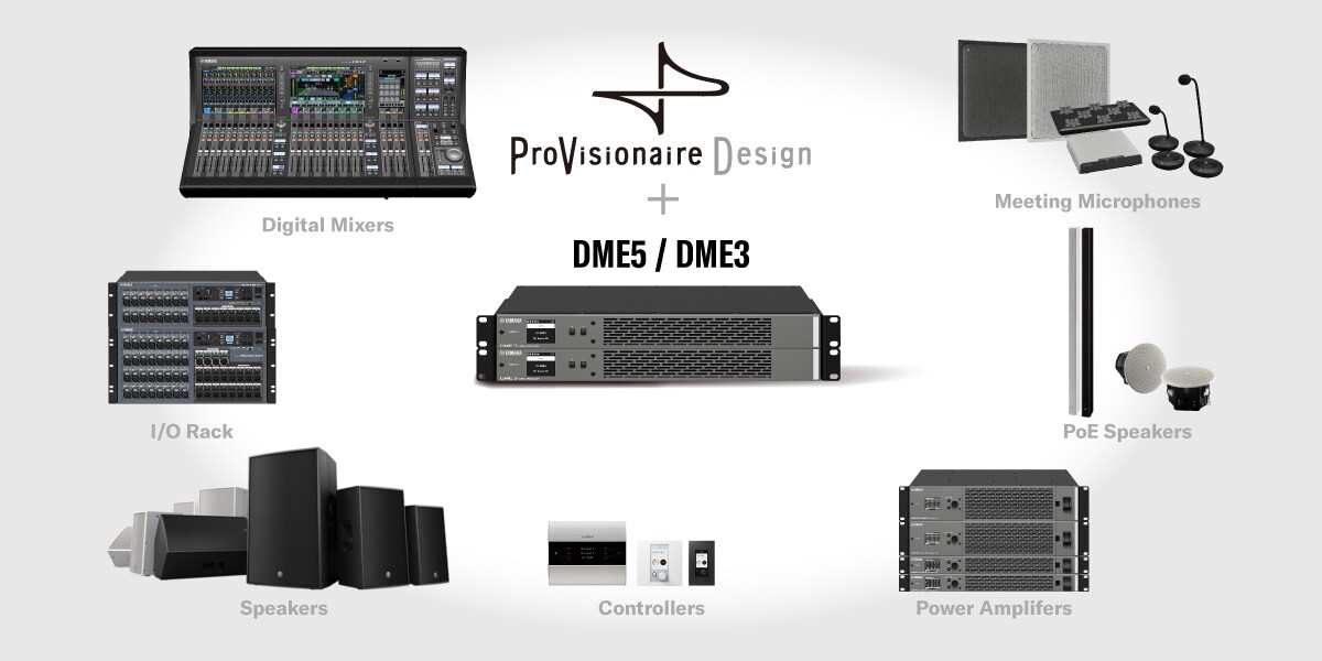 Ilustração mostrando o DME5/DME3 e o ProVisionaire Design funcionando juntos como o núcleo de um sistema, permitindo que mixers digitais, racks de E/S, caixas acústicas, controladores, amplificadores de potência, caixas acústicas PoE e microfones conectados sejam configurados a partir de um único local.