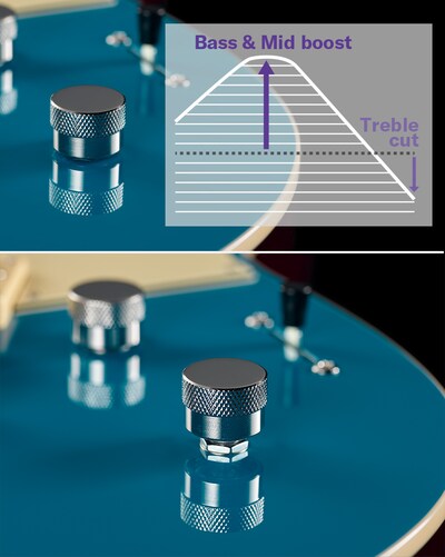 Detalhe do Focus Switch da Revstar com um gráfico de frequência sobreposto, mostrando graves reforçados, médios reforçados e agudos reduzidos.