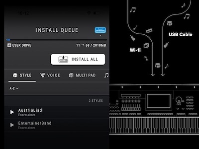 Install Queue screen and a diagram showing how Style is installed on the instrument via Wi-fi or USB cable.