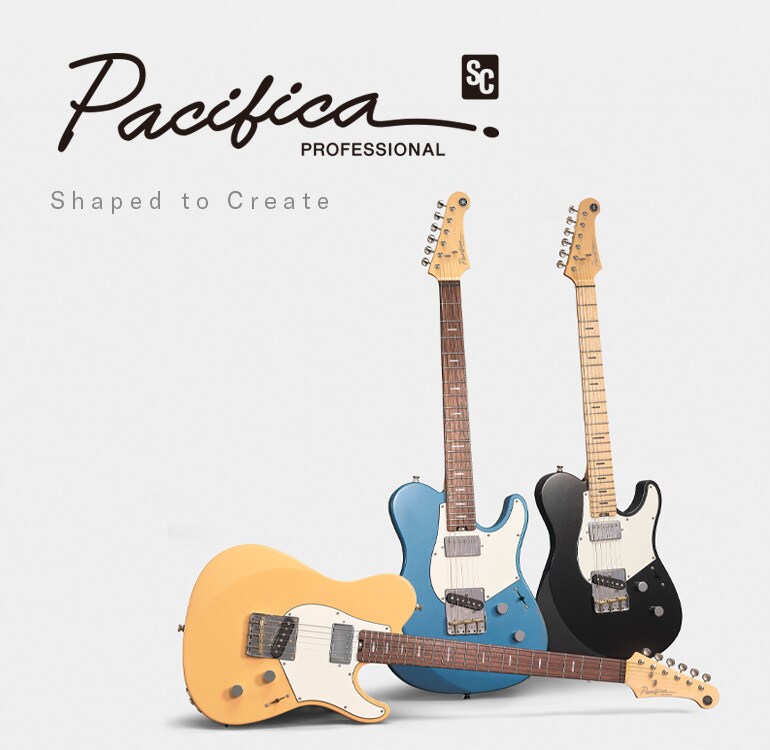 Fundo branco. Esquerda: logotipo da Pacifica SC Professional e texto "designed to inspire". À direita: 3 guitarras.