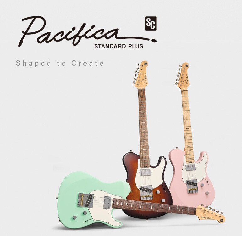 Fundo branco. À esquerda: logo da Pacifica SC Standard Plus e o texto “designed to inspire”. À direita: 3 guitarras. 