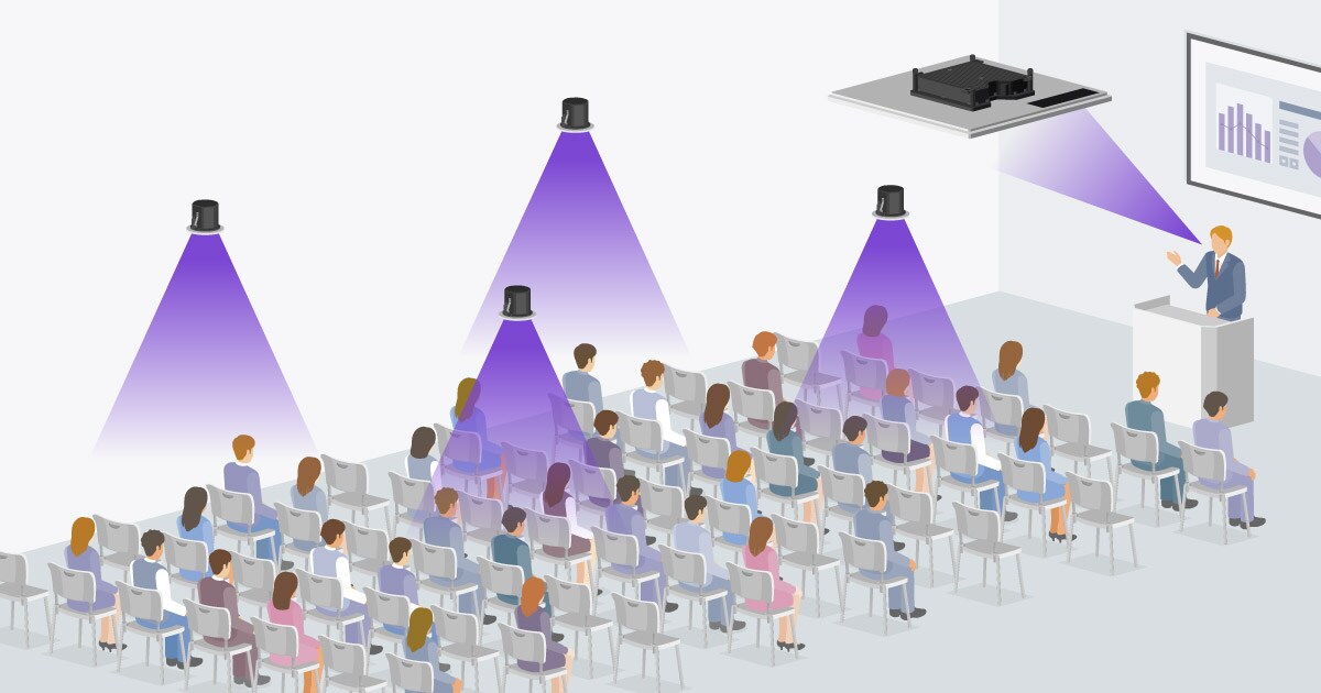 Ilustração mostrando a comunicação unidirecional Voice Lift para apresentações