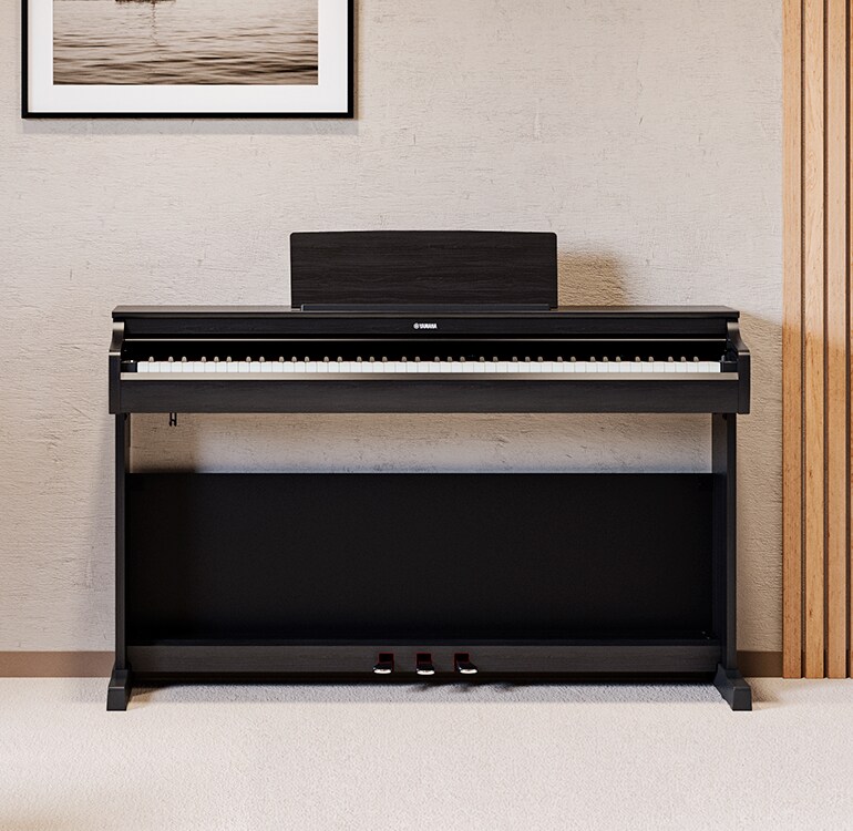 Uma sala de estar com um piano ARIUS preto, plantas de interior e um sofá, harmoniosamente integrado ao ambiente