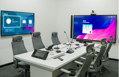 Sala de reunião do centro de treinamento de Dubai, com mesa de conferência, telas de vídeo e equipamentos de apresentação.
