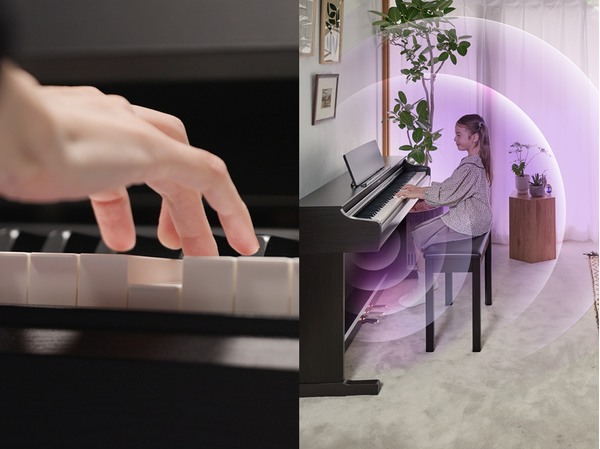 O toque expressivo do novo teclado ARIUS e as ondas sonoras se propagando a partir de um piano ARIUS em uma sala de estar