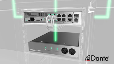 Ilustração mostrando sinais de áudio/controle com chave otimizada para Dante