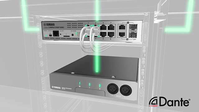 Ilustração mostrando sinais de áudio/controle com chave otimizada para Dante