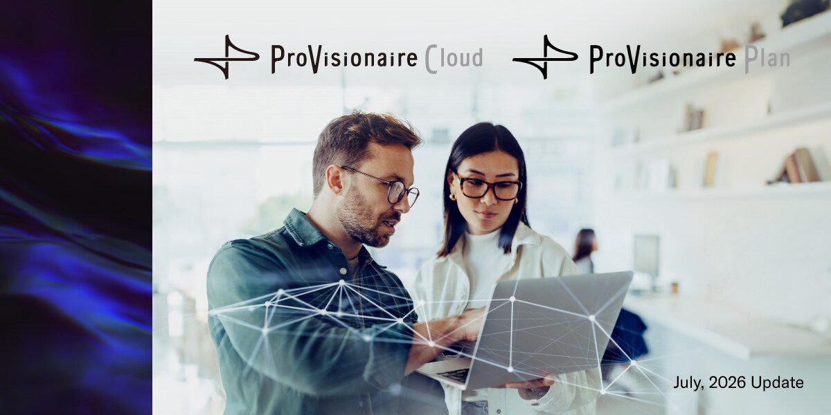 Um visual principal representando novos recursos e atualizações para o PVPlan e o PVCloud. Um homem e uma mulher estão trabalhando em um PC, gerenciando sistemas e definindo configurações por meio de uma plataforma baseada na nuvem.