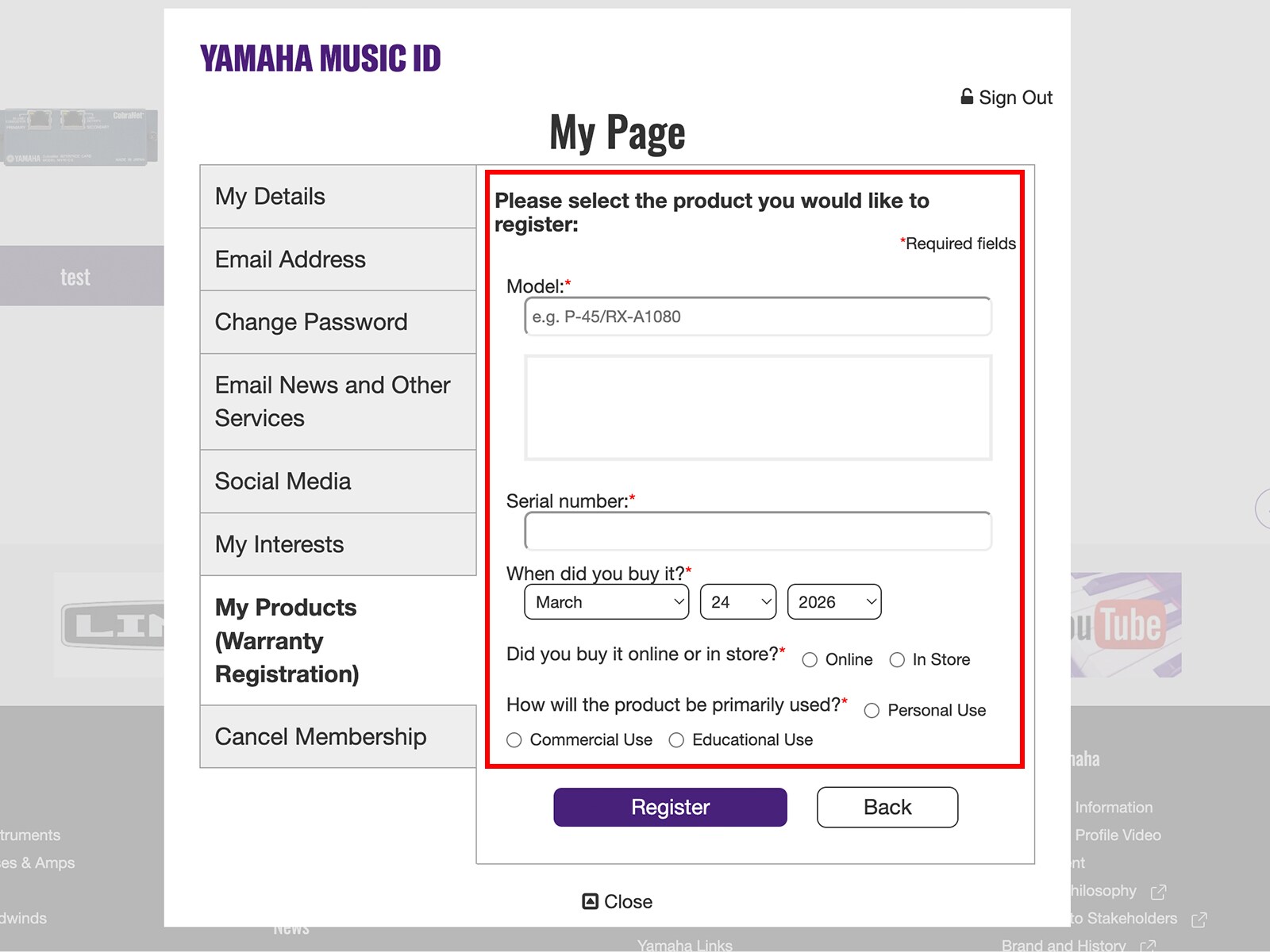 Tela do formulário de cadastro do Yamaha Music ID.