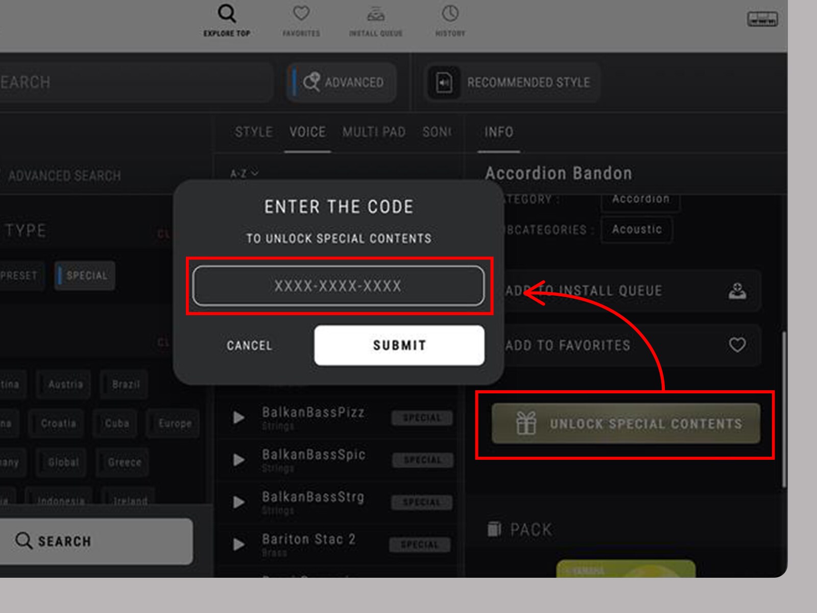 Tela de entrada do código de desbloqueio no aplicativo EXPANSION EXPLORER.