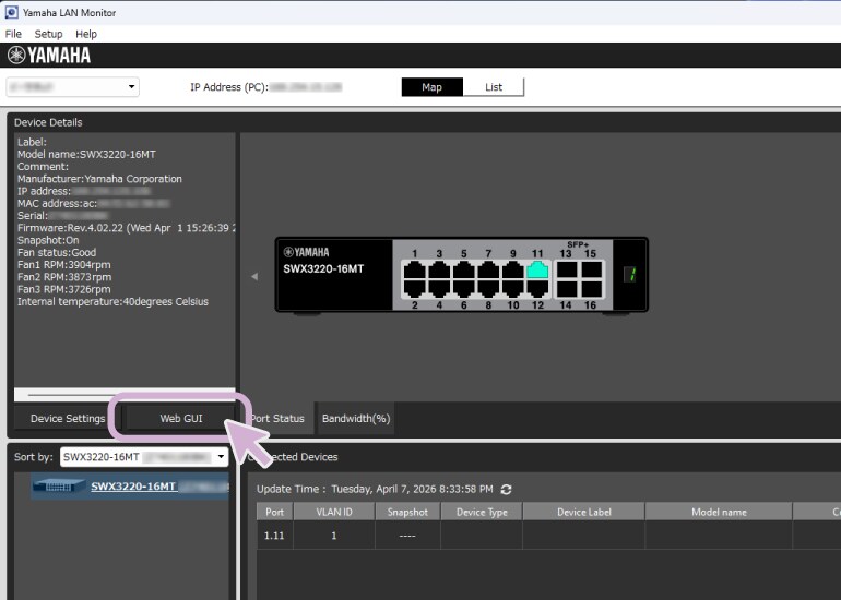 Software Yamaha LAN Monitor em um PC conectado a um switch de rede Yamaha, com a interface Web GUI exibida