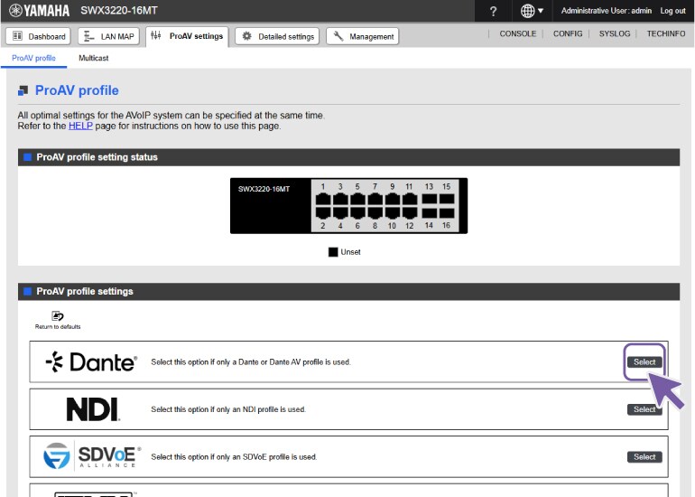 Tela de configurações de perfil ProAV com Dante selecionado