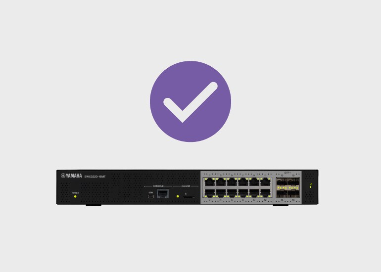Switch de rede Yamaha com configurações de otimização Dante aplicadas